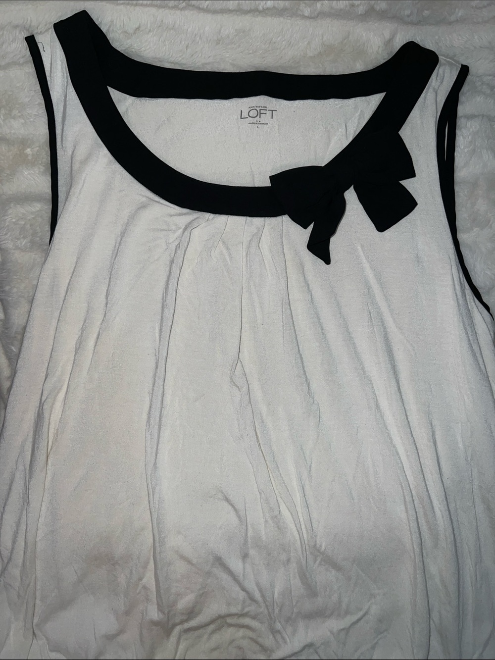 LOFT White Sleeveless Top with Black Trim & Bow